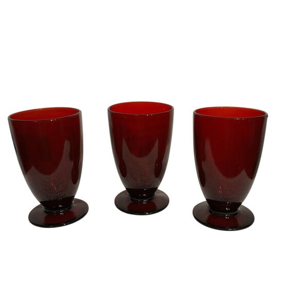 Three (3) Anchor Hocking Ruby Red Pedestal Coronation Tea Or Water Glasses. 5” - Picture 1 of 8